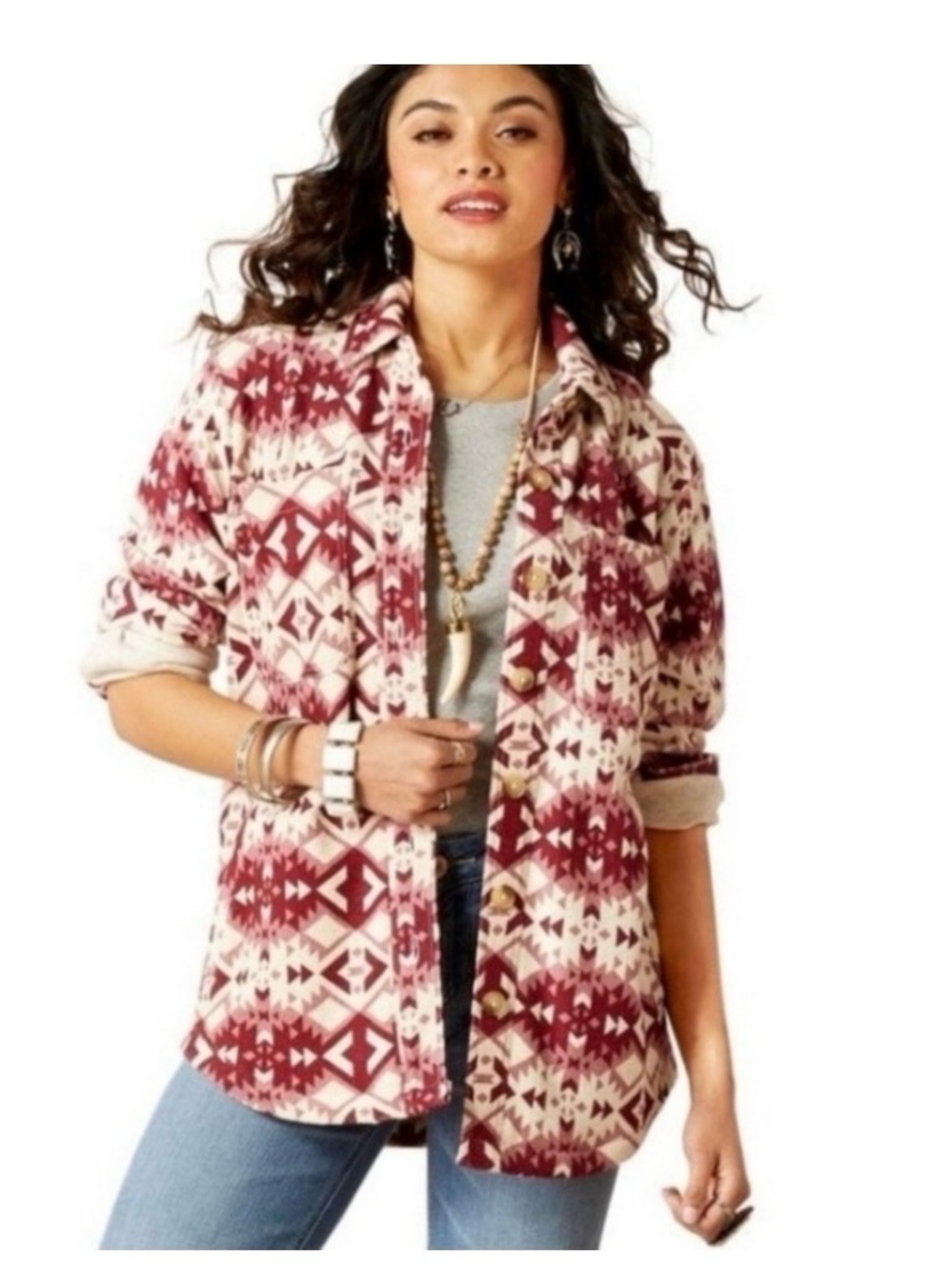 Ariat NWT Aztec Cream and Burgundy Geometric Button-Up Shacket
